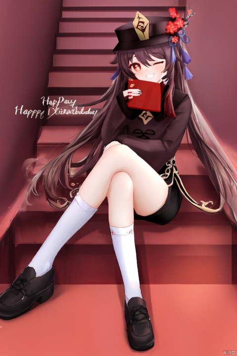  masterpiece,best quality,1girl, solo, long hair, looking at viewer, smile, brown hair, red eyes, long sleeves, hat, hair between eyes, twintails, sitting, flower, one eye closed, shorts, socks, english text, symbol-shaped pupils, short shorts, chinese clothes, black shorts, crossed legs, white socks, black nails, happy birthday, chocolate, stairs, valentine, hu tao \(genshin impact\)