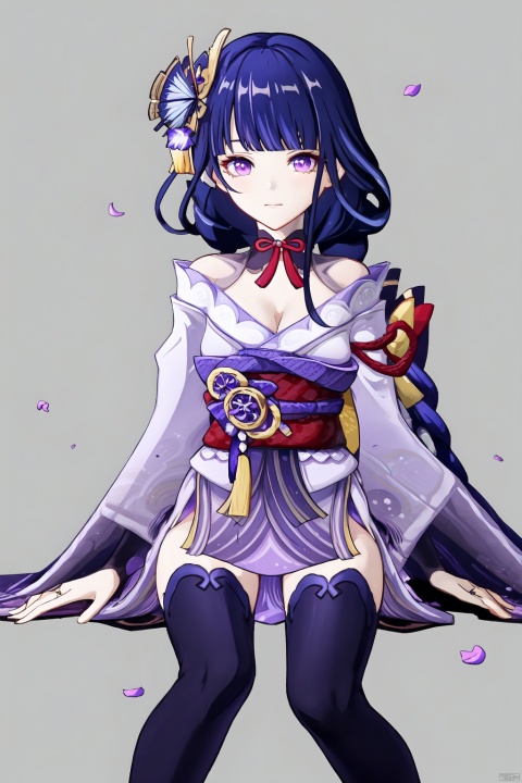 raiden shogun, 1girl, purple hair, japanese clothes, purple eyes, solo, breasts, bug, thighhighs, kimono, sash, hair ornament, obi, long hair, cleavage, butterfly, mole, bangs, purple kimono, mole under eye, bridal gauntlets, flower, wide sleeves, large breasts, braid, sitting, long sleeves, closed mouth, tassel, petals, vision \(genshin impact\), butterfly on hand