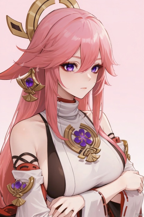  masterpiece, yae miko, 1girl, solo, breasts, pink hair, purple eyes, long hair, looking at viewer, detached sleeves, hair between eyes, bare shoulders, wide sleeves, japanese clothes, large breasts, hair ornament, upper body, bangs, closed mouth