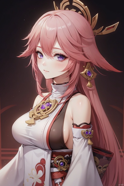 yae miko, 1girl, solo, breasts, pink hair, purple eyes, long hair, looking at viewer, detached sleeves, hair between eyes, bare shoulders, wide sleeves, japanese clothes, large breasts, hair ornament, upper body, bangs, closed mouth, vision \(genshin impact\), long sleeves, blush, jewelry, fox ears