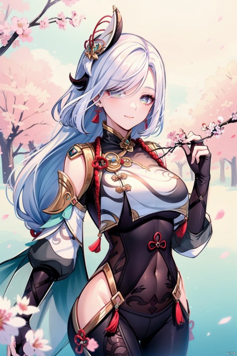  shenhe, 1girl, shenhe \(genshin impact\), solo, hair over one eye, hair ornament, long hair, breasts, looking at viewer, covered navel, breast curtain, blue eyes, bodysuit, hip vent, clothing cutout, gloves, cherry blossoms, smile, large breasts, shoulder cutout, flower, white hair, snowflakes, tassel, bangs, jewelry, braided ponytail, earrings, braid, holding, closed mouth, petals, black bodysuit, cowboy shot, black gloves, gold trim
