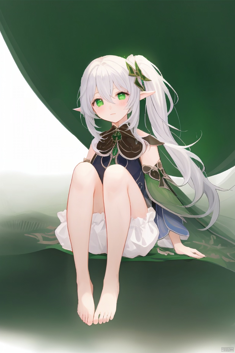  masterpiece,best quality,1girl, solo, long hair, looking at viewer, bangs, simple background, hair ornament, white background, dress, hair between eyes, sitting, underwear, green eyes, full body, ponytail, white hair, multicolored hair, detached sleeves, green hair, barefoot, pointy ears, cape, white dress, side ponytail, feet, legs, symbol-shaped pupils, gradient hair, toes, soles, knees up, bloomers, white bloomers, nahida \(genshin impact\)