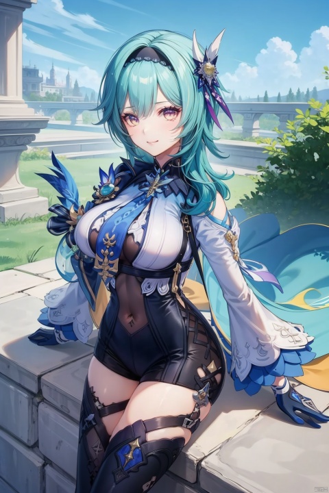 eula, 1girl, eula \(genshin impact\), solo, blue hair, breasts, looking at viewer, gloves, hairband, smile, necktie, hair ornament, long sleeves, thighhighs, black hairband, blue necktie, vision \(genshin impact\), bangs, medium hair, yellow eyes, thighs, cape, black gloves, large breasts, sky, medium breasts, outdoors, purple eyes, leotard, high-waist shorts, closed mouth
