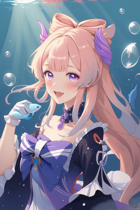 sangonomiya kokomi, 1girl, bow-shaped hair, pink hair, gloves, underwater, solo, fish, white gloves, purple eyes, jellyfish, smile, bangs, looking at viewer, long hair, bare shoulders, bow, vision \(genshin impact\), water, frills, blush, bubble, detached collar, open mouth, wide sleeves, multicolored hair, hair ornament, colored tips, frilled sleeves, detached sleeves