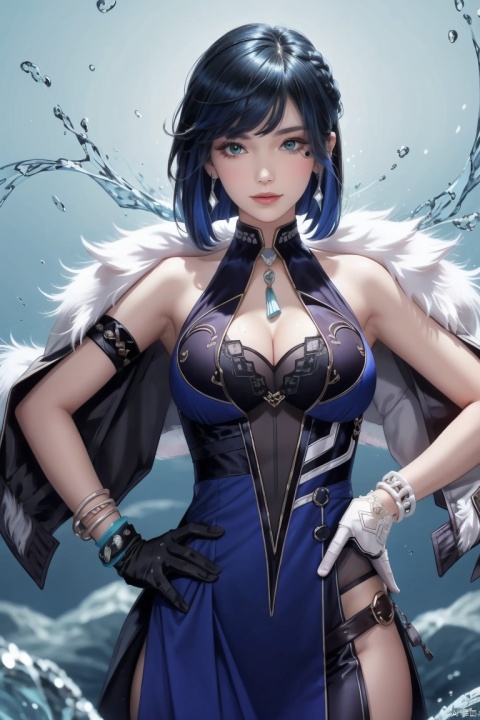 yelan, 1girl, yelan \(genshin impact\), breasts, solo, gloves, bangs, blue hair, short hair, cleavage, looking at viewer, hand on hip, large breasts, jewelry, mole, mole on breast, vision \(genshin impact\), fur trim, green eyes, bare shoulders, water, jacket, smile, earrings, white jacket, diagonal bangs, parted lips, jacket on shoulders, white gloves, dice, cowboy shot, bracelet, black gloves, blunt bangs, elbow gloves, bob cut, asymmetrical gloves, dress, blue dress, sleeveless, fur-trimmed jacket, hand on own chest, pelvic curtain