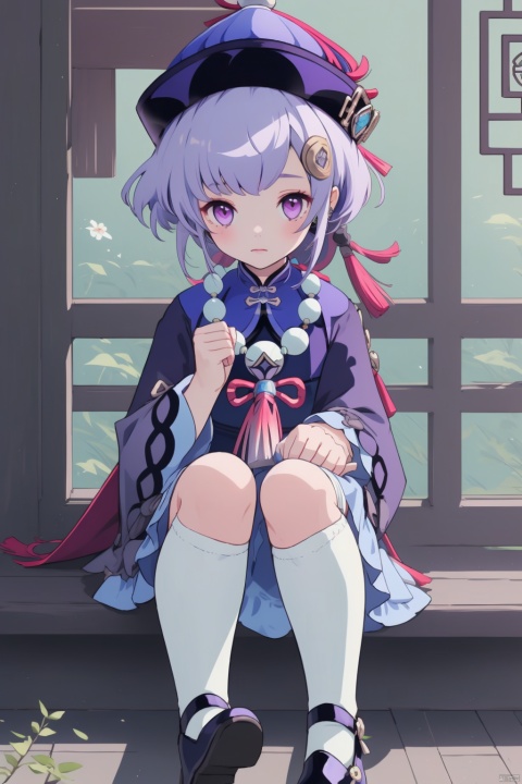 qiqi, 1girl, qiqi \(genshin impact\), solo, hat, qing guanmao, thighhighs, hair ornament, purple hair, long sleeves, beads, sitting, braid, sleeves past fingers, bead necklace, purple eyes, jewelry, looking at viewer, jiangshi, necklace, dress, sleeves past wrists, vision \(genshin impact\), white thighhighs, coin hair ornament, purple headwear, ofuda, long hair, wide sleeves, closed mouth, bangs, black footwear