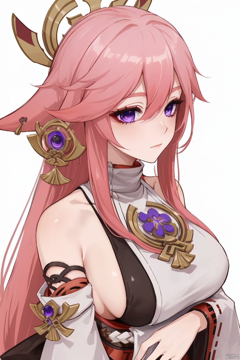  masterpiece, yae miko, 1girl, solo, breasts, pink hair, purple eyes, long hair, looking at viewer, detached sleeves, hair between eyes, bare shoulders, wide sleeves, japanese clothes, large breasts, hair ornament, upper body, bangs, closed mouth