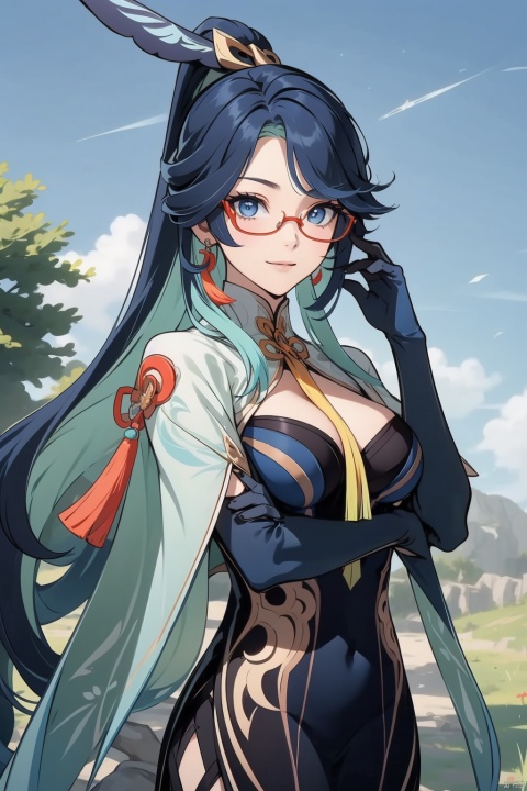 xianyun, 1girl, breasts, glasses, looking at viewer, smile, long hair, multicolored hair, tree, jewelry, chinese clothes, gloves, large breasts, black hair, earrings, outdoors, solo, sky, closed mouth, blue eyes, ponytail, hair ornament, semi-rimless eyewear, bangs, two-tone hair