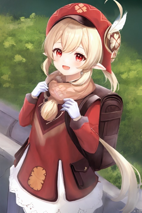  masterpiece,best quality,1girl, solo, long hair, smile, open mouth, bangs, blonde hair, red eyes, gloves, long sleeves, hat, hair between eyes, twintails, ahoge, :d, pointy ears, bag, scarf, low twintails, red dress, backpack, red headwear, brown gloves, cabbie hat, hat feather, clover, klee \(genshin impact\), dodoco \(genshin impact\)