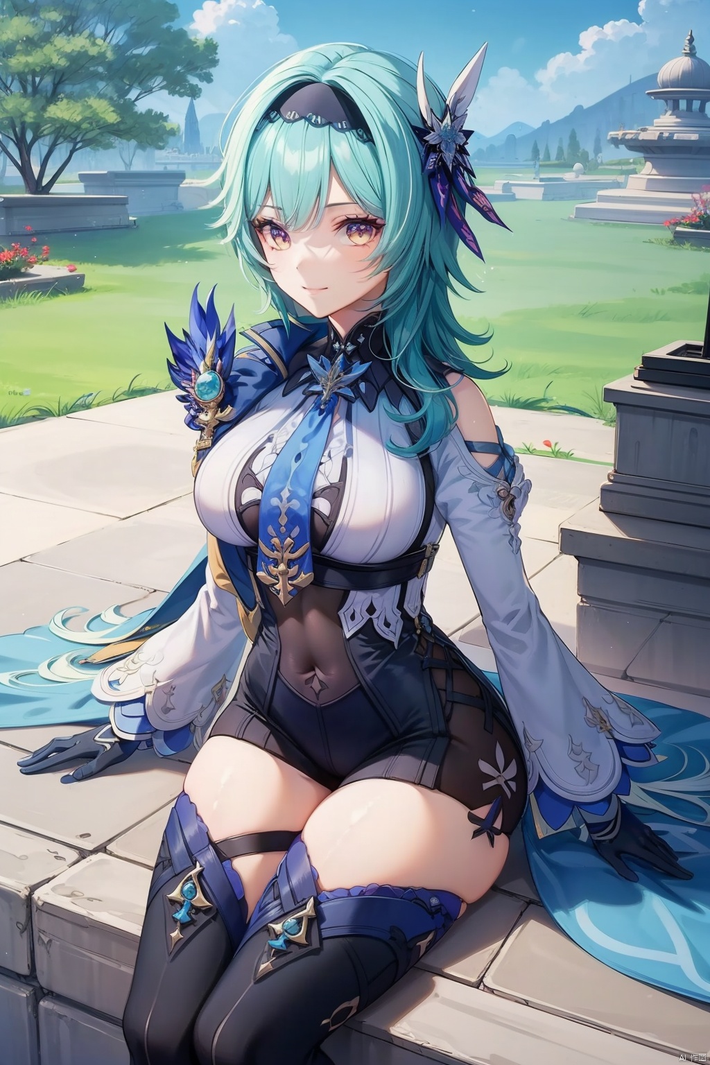 eula, 1girl, eula \(genshin impact\), solo, blue hair, breasts, looking at viewer, gloves, hairband, smile, necktie, hair ornament, long sleeves, thighhighs, black hairband, blue necktie, vision \(genshin impact\), bangs, medium hair, yellow eyes, thighs, cape, black gloves, large breasts, sky, medium breasts, outdoors, purple eyes, leotard, high-waist shorts, closed mouth