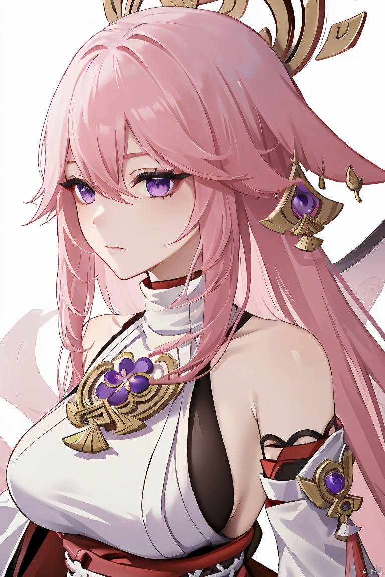  masterpiece, yae miko, 1girl, solo, breasts, pink hair, purple eyes, long hair, looking at viewer, detached sleeves, hair between eyes, bare shoulders, wide sleeves, japanese clothes, large breasts, hair ornament, upper body, bangs, closed mouth