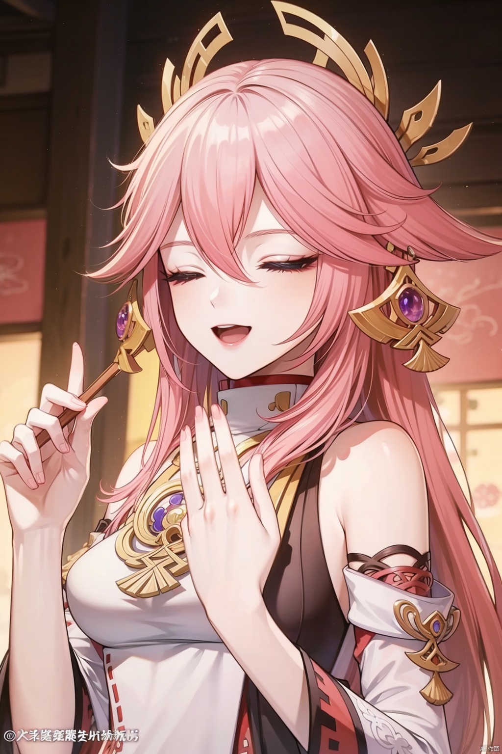 yae miko, 1girl, chopsticks, long hair, pink hair, solo, hair between eyes, detached sleeves, closed eyes, bangs, fox ears, holding chopsticks, animal ears, holding, jewelry, earrings, sidelocks, smile, blurry, vision \(genshin impact\), hair ornament, depth of field, japanese clothes, wide sleeves, ^_^, chinese text, long sleeves, fox girl, subtitled, nontraditional miko, breasts, upper body, :d