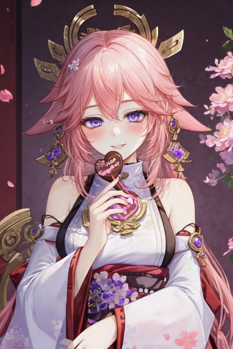 yae miko, 1girl, solo, pink hair, heart-shaped chocolate, chocolate, purple eyes, food, looking at viewer, breasts, smile, candy, long hair, bare shoulders, heart, blush, bangs, holding, upper body, hair ornament, valentine, cherry blossoms, holding food, parted lips, wide sleeves