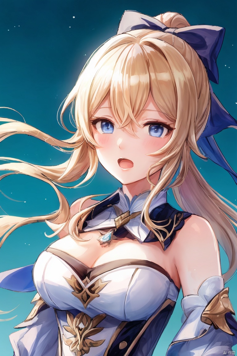  masterpiece,best quality,1girl, solo, long hair, breasts, looking at viewer, blush, open mouth, bangs, blue eyes, blonde hair, bow, cleavage, hair between eyes, bare shoulders, medium breasts, upper body, ponytail, hair bow, sidelocks, sleeveless, bare arms, strapless, black bow, detached collar, index fingers together, jean \(genshin impact\)