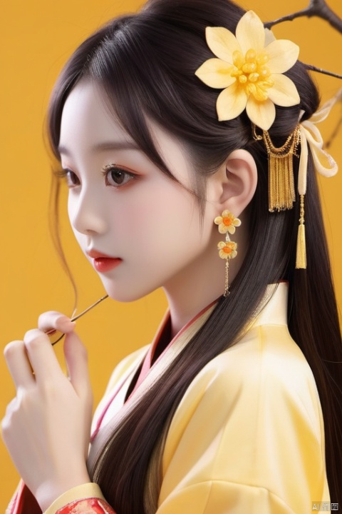 1girl, solo, long hair, looking at viewer, brown hair, black hair, hair ornament, long sleeves, ribbon, jewelry, closed mouth, upper body, flower, earrings, hair flower, from side, chinese clothes, yellow background, branch, yellow theme