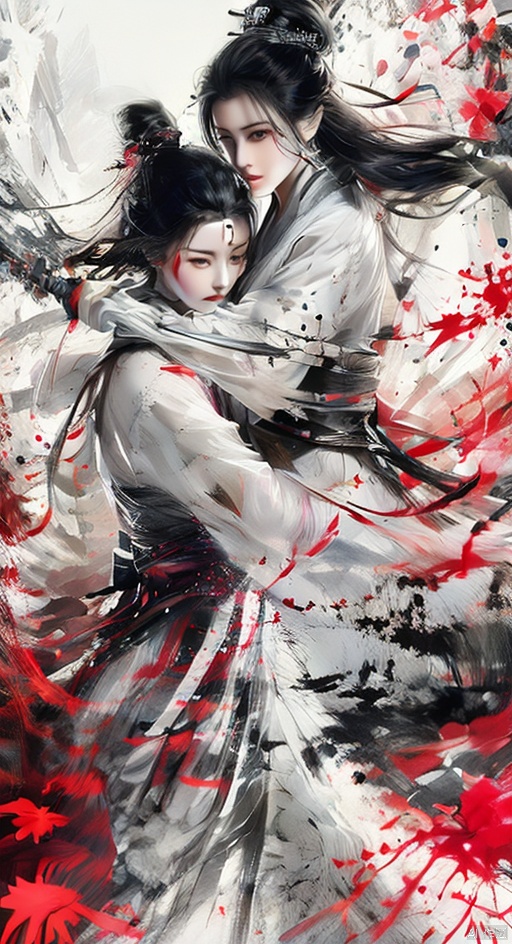 Pencil drawing with colored lead, long black hair, white pink clothes, delicate face, Hanfu, a man and a woman, lovers, embrace each other,Ink scattering_Chinese style, smwuxia Chinese text blood weapon:sw, lotus leaf, (\shen ming shao nv\), xiaowu,blood splatter motion blur, yunxi