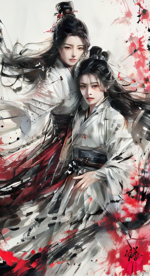 Pencil drawing with colored lead, long black hair, white pink clothes, delicate face, Hanfu, a man and a woman, lovers, embrace each other,Ink scattering_Chinese style, smwuxia Chinese text blood weapon:sw, lotus leaf, (\shen ming shao nv\), xiaowu,blood splatter motion blur, yunxi