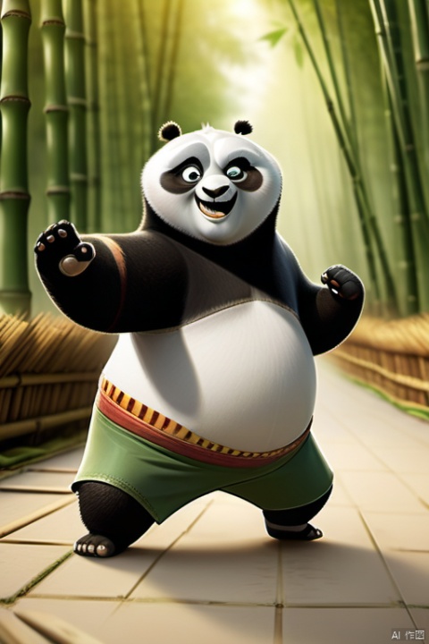 Kung fu panda, cute smile, martial arts action, bamboo forest background, high-speed shutter capture, focus fade, warm tone, rich expression, cute.
