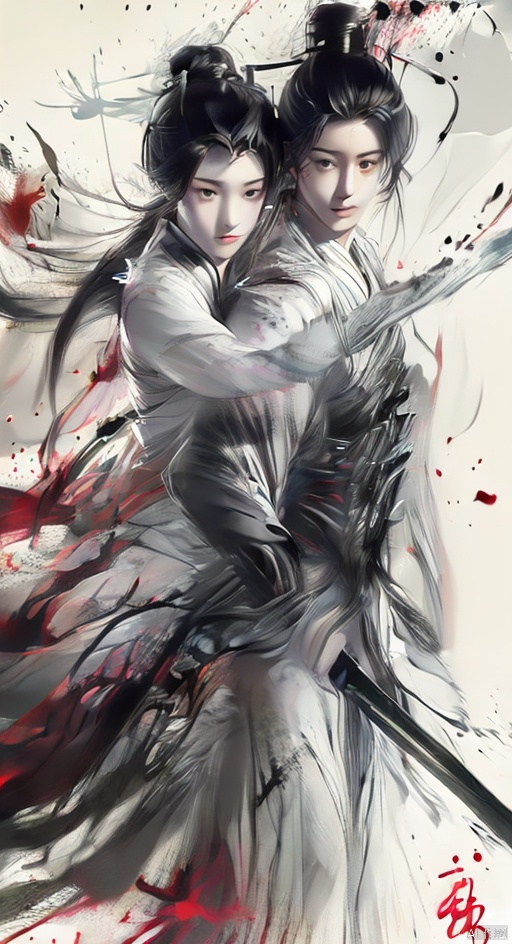 Pencil drawing with colored lead, long black hair, white pink clothes, delicate face, Hanfu, a man and a woman, lovers, embrace each other,Ink scattering_Chinese style, smwuxia Chinese text blood weapon:sw, lotus leaf, (\shen ming shao nv\), xiaowu,blood splatter motion blur