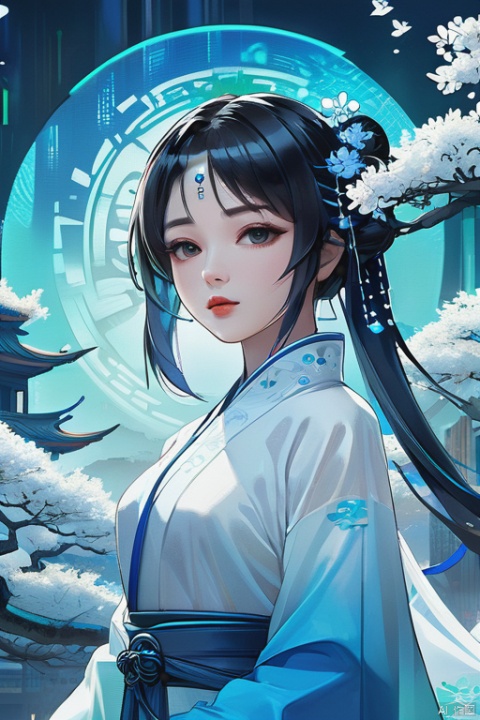Cyberpunk style, futurism, a Chinese girl with black hair and delicate facial features, dressed in white and blue gradient Hanfu, with a background of blue halo, jade tree and silver flowers, holographic projection, extremely high image quality, a lot of details, OC rendering, ultra-high definition, high-resolution, 32k, qingyi, yunxi