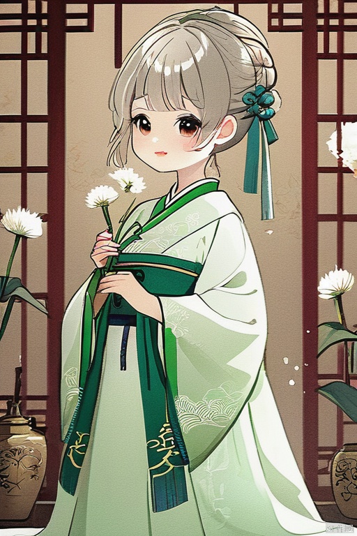 NEGATIVeXL-D, bad anatomy, bad hands, blur, jpeg artifacts, low quality, best quality hand drawn, cute Chinese five year old fairy, chubby, dressed in Hanfu, holding a white dandelion, Blowing Taraxacum, fair skin, happy, combed in a bun, hairpin, ribbon, front view Chinese national style, simple Chinese garden peach blossom background, octane rendering, mixer, octane rating, chibi, hand drawn anime style, beautiful, Angela Barrett, Russian manga style c4d, illusory, digital art natural light, the best quality, complex details, trend ultra detail, very high details, 8k, delicate, mimi, guoguo