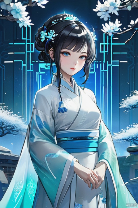  Cyberpunk style, futurism, a Chinese girl with black hair and delicate facial features, dressed in white and blue gradient Hanfu, with a background of blue halo, jade tree and silver flowers, holographic projection, extremely high image quality, a lot of details, OC rendering, ultra-high definition, high-resolution, 32k, qingyi, yunxi