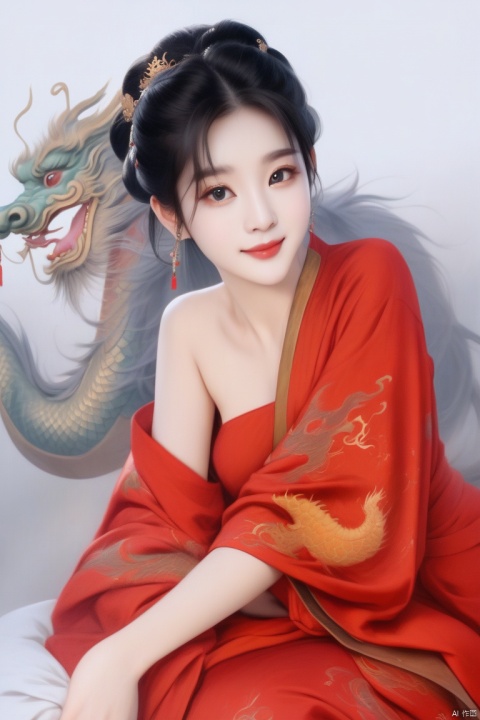 Tang dynasty style painting, beauty, red dragon robe, crown, dragon hovering, banner composition, palace background, delicate painting style, bright colors, telephoto lens, warm lighting, solemn and mysterious atmosphere, majestic, noble, magnificent., arien_hanfu