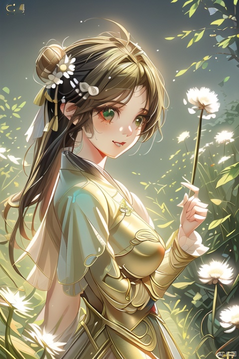 Magic Spell: Handdrawn, cute Chinese five year old fairy, chubby, dressed in Hanfu, holding a white dandelion, Blowing Taraxacum, fair skin, happy, combed in a bun, hairpin, ribbon, front view of Chinese national style, simple Chinese garden peach blossom background, octane rendering, mixer, octane rating, chibi, hand drawn anime style, beautiful, Angela Barrett, Russian manga style, c4d, illusory, digital art natural light, best quality, complex details, trend ultra detail, very high details, 8k, delicate, gold armor, qingyi,hair ornament