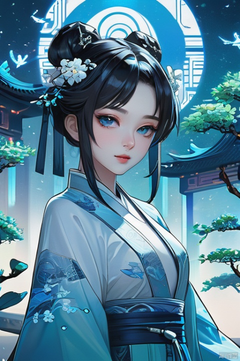  Cyberpunk style, futurism, a Chinese girl with black hair and delicate facial features, dressed in white and blue gradient Hanfu, with a background of blue halo, jade tree and silver flowers, holographic projection, extremely high image quality, a lot of details, OC rendering, ultra-high definition, high-resolution, 32k, qingyi, yunxi