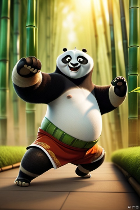 Kung fu panda, cute smile, martial arts action, bamboo forest background, high-speed shutter capture, focus fade, warm tone, rich expression, cute.