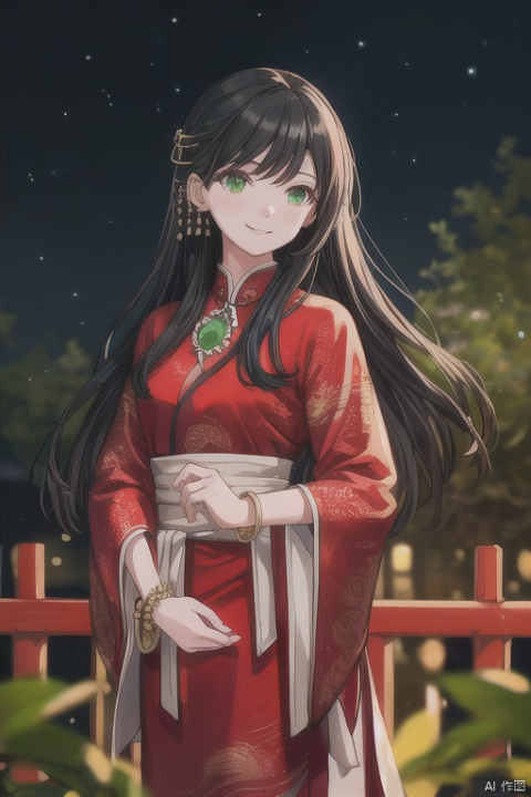 1 girl, solo, long hair, smile, black hair, red dress, holding jade Ruyi, wearing a pearl hairpin on the head, hanging a jade pendant on the waist, standing outdoors, starry at night, blurry, bracelet, depth of field, with jade trees and silver plates in the background, natural, beads, realistic, Hanfu, traditional clothing, 4K