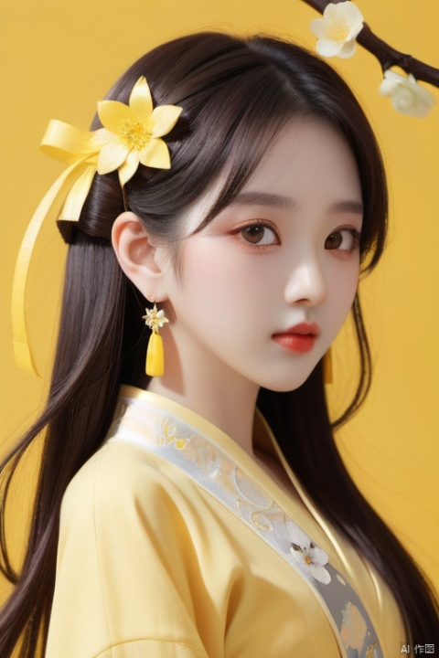 1girl, solo, long hair, looking at viewer, brown hair, black hair, hair ornament, long sleeves, ribbon, jewelry, closed mouth, upper body, flower, earrings, hair flower, from side, chinese clothes, yellow background, branch, yellow theme