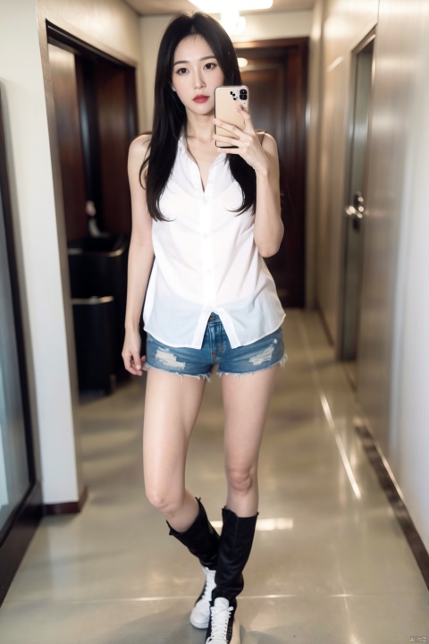  1girl, solo, long hair, brown hair, shirt, holding, standing, full body, shorts, sleeveless, indoors, sleeveless shirt, phone, black shorts, white footwear, cellphone, smartphone, reflection, holding phone, mirror, selfie,transparent,naked,nude,no_clothes,nudity,unclothed,stalkings,stockings,pubic hair,kneehigh boots, vaginal,Semi naked,nose blush, breast grab