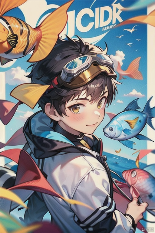 1boy, solo, looking at viewer, blush, short hair, bangs, black hair, jacket, upper body,  multicolored hair,  goggles, fish, goggles on head