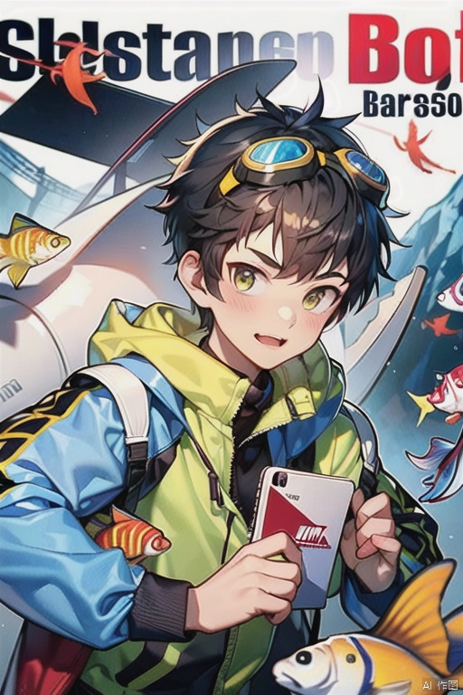 1boy, solo, looking at viewer, blush, short hair, bangs, black hair, jacket, upper body,  multicolored hair,  goggles, fish, goggles on head