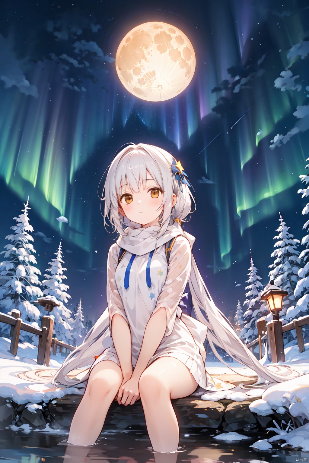  1girl, aerial_fireworks, aurora, bare_tree, bottomless, brown_eyes, city_lights, constellation, covering, covering_crotch, crescent_moon, dust, earth_\(planet\), fireflies, fireworks, full_moon, galaxy, lamppost, light_particles,looking_at_viewer, milky_way, moon, moonlight, night, night_sky, onsen, outdoors, pine_tree, planet, shooting_star, sitting, sky, snow, snowing, solo, space, starry_background, starry_sky, starry_sky_print, tanabata, tanzaku, tree, v_arms, window,white hair