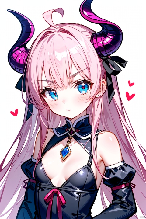  loli,1girl, solo, elizabeth_bathory_\(fate\), long_hair, elizabeth_bathory_\(first_ascension\)_\(fate\), blue_eyes, horns, breasts, elizabeth_bathory_\(fate/extra_ccc\), white_background, simple_background, small_breasts, detached_sleeves, looking_at_viewer, blush, pink_hair, two_side_up, dress, black_dress, bangs, heart, ribbon, hair_ribbon, closed_mouth, very_long_hair, ahoge, hand_on_hip, dragon_horns, purple_ribbon, curled_horns, sketch, long_sleeves, black_gloves, upper_body, v-shaped_eyebrows, gloves