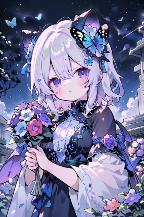  1girl, animal, bird, black_flower, blue_butterfly, blue_flower, blue_rose, bouquet, breasts, bug, butterfly, butterfly_hair_ornament, butterfly_on_hand, daisy, dove, earrings, eyebrows_visible_through_hair, floral_background, flower, flower_field, glowing_butterfly, green_flower, hair_between_eyes, hair_ornament, holding, holding_bouquet, holding_flower, hydrangea, lily_\(flower\), looking_at_viewer, lotus, night, night_sky, pink_rose, purple_flower, purple_rose, rose, short_hair, sky, solo, star_\(sky\), starry_sky, white_butterfly, white_flower, white_rose, yellow_butterfly