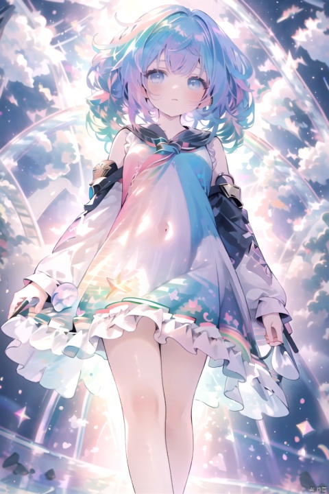  1girl, virtual_youtuber,  ((extremely detailed CG)),((8k_wallpaper)),(((masterpiece))),((best quality)),watercolor_(medium),((beautiful detailed starry sky)),cinmatic lighting,loli,princess,very long rainbow hair,side view,looking at viewer,full body,frills,(far from viewer),((extremely detailed face)),((an extremely delicate and beautiful girl)),((extremely detailed cute anime face)),((extremely detailed eyes)),(((extremely detailed body))),(ultra detailed),illustration,((bare stomach)),((bare shoulder)),small breast,((sideboob)),((((floating and rainbow hair)))),(((Iridescence and rainbow hair))),(((extremely detailed sailor dress))),((((Iridescence and rainbow dress)))),(Iridescence and rainbow eyes),beautiful detailed hair,beautiful detailed dress,dramatic angle,expressionless,(big top sleeves),frills,blush,(ahoge)