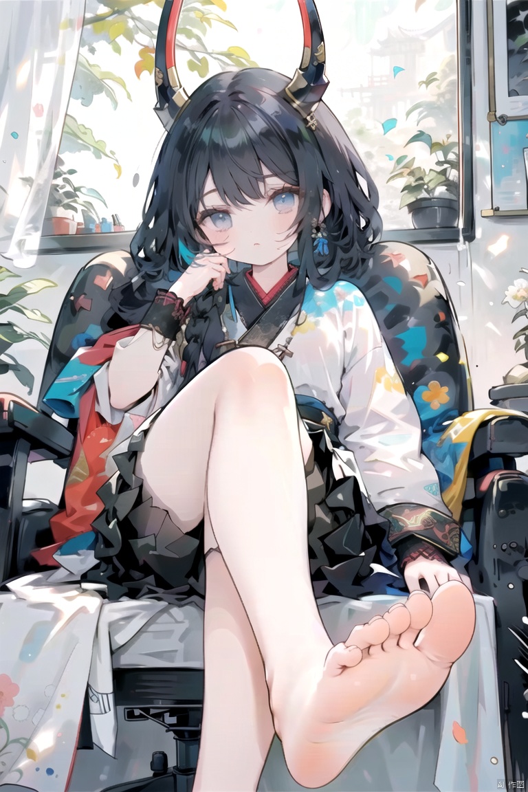  1girl, virtual_youtuber, ((whole body, feet, toes, legs, crossed legs, arms crossed, black pantyhose, ****, foot focus, no shoes, Dutch horn, looking at the audience, office chair, sharp eyes, long hair, smooth skin, solo, window, blinds, Asian beauty wearing black stockings, short skirt, casual colored clothes, her own shoulder skirt, sitting Asian beauty. Qiu Ying's works are simple Chinese paintings with simple lines. He is a master of ancient Chinese painting, known for his ink wash, oriental style, traditional clothing, line art, abstract art, and yellow rice paper. Gu Kaizhi and Wu Daozi focus on artistic conception, with simple backgrounds and diverse styles. He has a certain artistic atmosphere and high-end flashlight effects, KNOTBLOUSE, zcshinkai\(\style\)