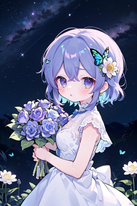  1girl, animal, bird, black_flower, blue_butterfly, blue_flower, blue_rose, bouquet, breasts, bug, butterfly, butterfly_hair_ornament, butterfly_on_hand, daisy, dove, earrings, eyebrows_visible_through_hair, floral_background, flower, flower_field, glowing_butterfly, green_flower, hair_between_eyes, hair_ornament, holding, holding_bouquet, holding_flower, hydrangea, lily_\(flower\), looking_at_viewer, lotus, night, night_sky, pink_rose, purple_flower, purple_rose, rose, short_hair, sky, solo, star_\(sky\), starry_sky, white_butterfly, white_flower, white_rose, yellow_butterfly