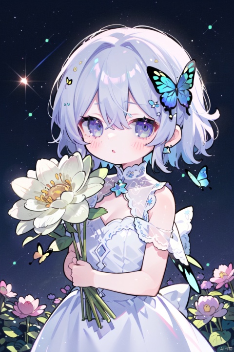  1girl, animal, bird, black_flower, blue_butterfly, blue_flower, blue_rose, bouquet, breasts, bug, butterfly, butterfly_hair_ornament, butterfly_on_hand, daisy, dove, earrings, eyebrows_visible_through_hair, floral_background, flower, flower_field, glowing_butterfly, green_flower, hair_between_eyes, hair_ornament, holding, holding_bouquet, holding_flower, hydrangea, lily_\(flower\), looking_at_viewer, lotus, night, night_sky, pink_rose, purple_flower, purple_rose, rose, short_hair, sky, solo, star_\(sky\), starry_sky, white_butterfly, white_flower, white_rose, yellow_butterfly
