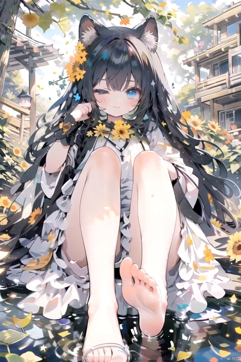  1girl, virtual_youtuber, paw_pose, tail, solo, dress, ahoge, quality, very aesthetic,1girl, bare_legs, barefoot, black_hair, blue_eyes, bug, butterfly, dandelion, dress, facial_mark, field, flower, flower_field, ginkgo_leaf, long_hair, lying, on_back, one_eye_closed, orange_flower, smile, solo, star_\(symbol\), sunflower, very_long_hair, yellow_flower