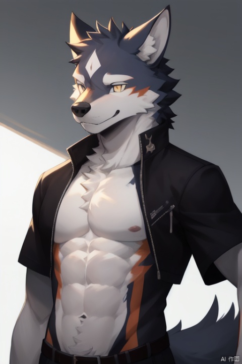  solo, looking at viewer, short hair, 1boy, navel, animal ears, nipples, jacket, tail, upper body, male focus, open clothes, english text, muscular, abs, pectorals, muscular male, bara, furry, large pectorals, furry male, bare pectorals, wolf boy