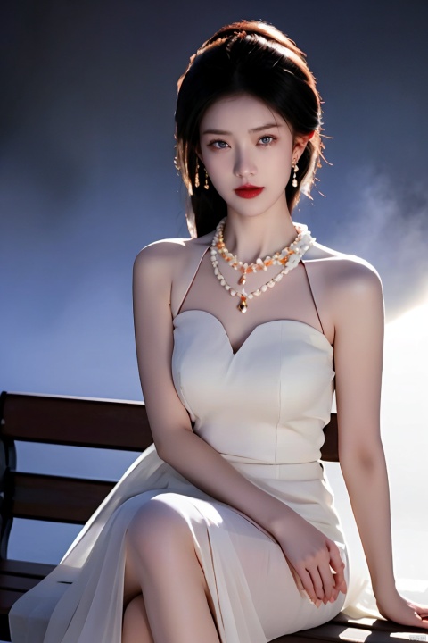 Tip: A photo of a beautiful Asian woman, (highest quality), (photo realism), (high detail blue eyes), fluffy black hair, (sparkling skin, brown skin, (clean white arms), (crossed legs), (jewelry), professional attire, (jade necklace around neck), bench, background street, far view, front view