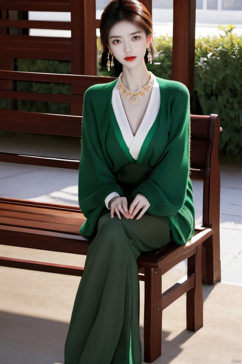 8K, high quality, full body photo, vista, an Oriental royal sister, mature and generous, green sweater, street, bench, emerald necklace, earrings, arbitrary posture, elegant style