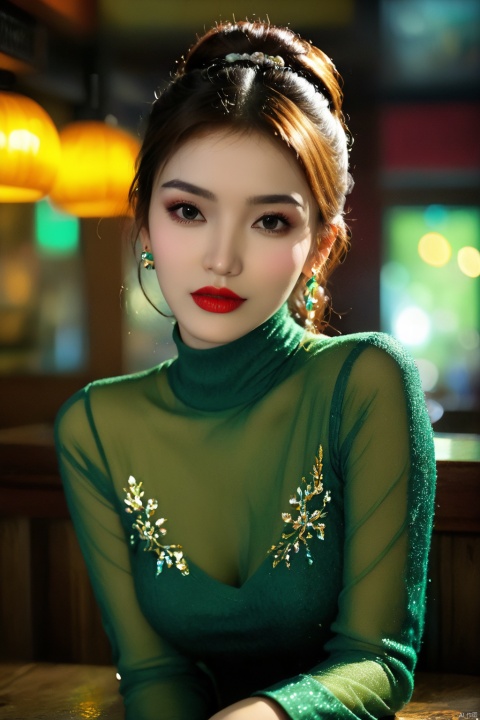  Prompt：photo of sexy (nab0k0va-140:0.99), a woman as a sexy student, closeup portrait upsweep updo, (green long sleeve turtleneck aweater), at a cantina sitting bar (masterpiece:1.5) (photorealistic:1.1) (bokeh) (best quality) (detailed skin texture pores hairs:1.1) (intricate) (8k) (HDR) (wallpaper) (cinematic lighting) (sharp focus), (eyeliner), (painted lips:1.2), (earrings)
