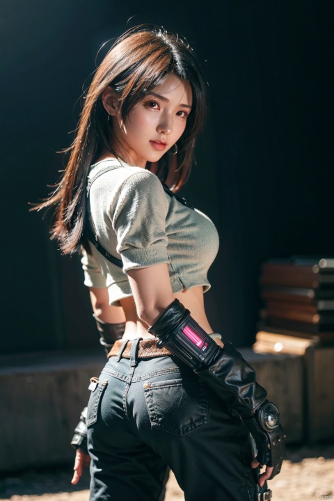  cowboy shot,(Good structure), DSLR Quality,Depth of field,looking_at_viewer,Dynamic pose,, DSLR Quality,masterpiece,best quality,ultra high res,1girl,colorful theme,depth of field,humanoid organisms, 1girl, Tifa,ff7,final_fantasy_7,Fighting posture
