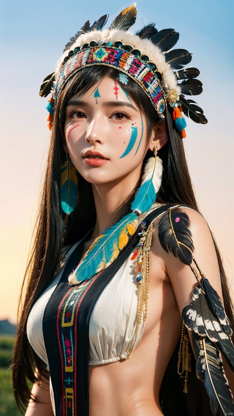 1girl, tifa,(best quality:1.4), (masterpiece:1.4), (Indian Maiden of Transcendent Beauty:1.7), adorned with an (eagle feather headdress:1.5), shell jewelry, and (distinctive facial paint:1.6), against the backdrop of the sweeping prairieland under a twilight sky. This would be a medium-close-up shot in the style of George Catlin.
