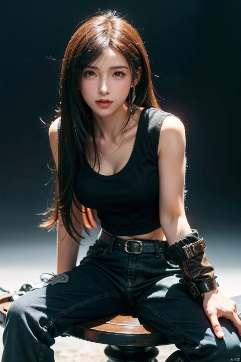  cowboy shot,(Good structure), DSLR Quality,Depth of field,looking_at_viewer,Dynamic pose,, DSLR Quality,masterpiece,best quality,ultra high res,1girl,colorful theme,depth of field,humanoid organisms, 1girl, Tifa,ff7,final_fantasy_7,sitting_down,